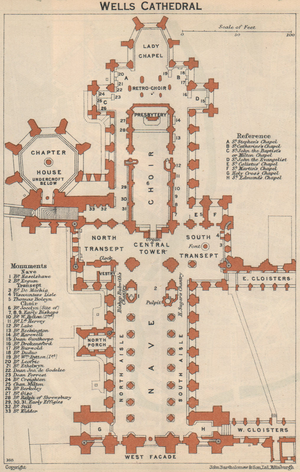 WELLS cathedral vintage floor plan. Somerset 1939 old vintage map chart